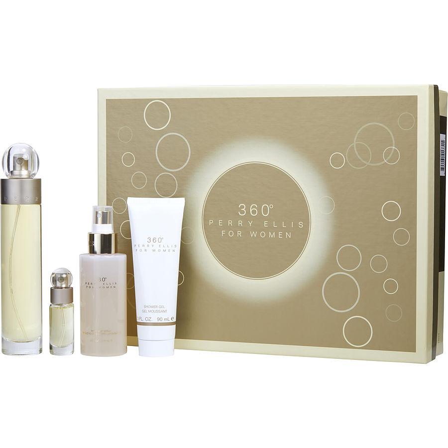 Cx De Presente Feminino Perry Ellis 360 Perry Ellis Eau De Toilette Spray 100 Ml + Body Mist 120 Ml + Gel De Banho 90 Ml + Eau De Toilette Spray 07 Ml