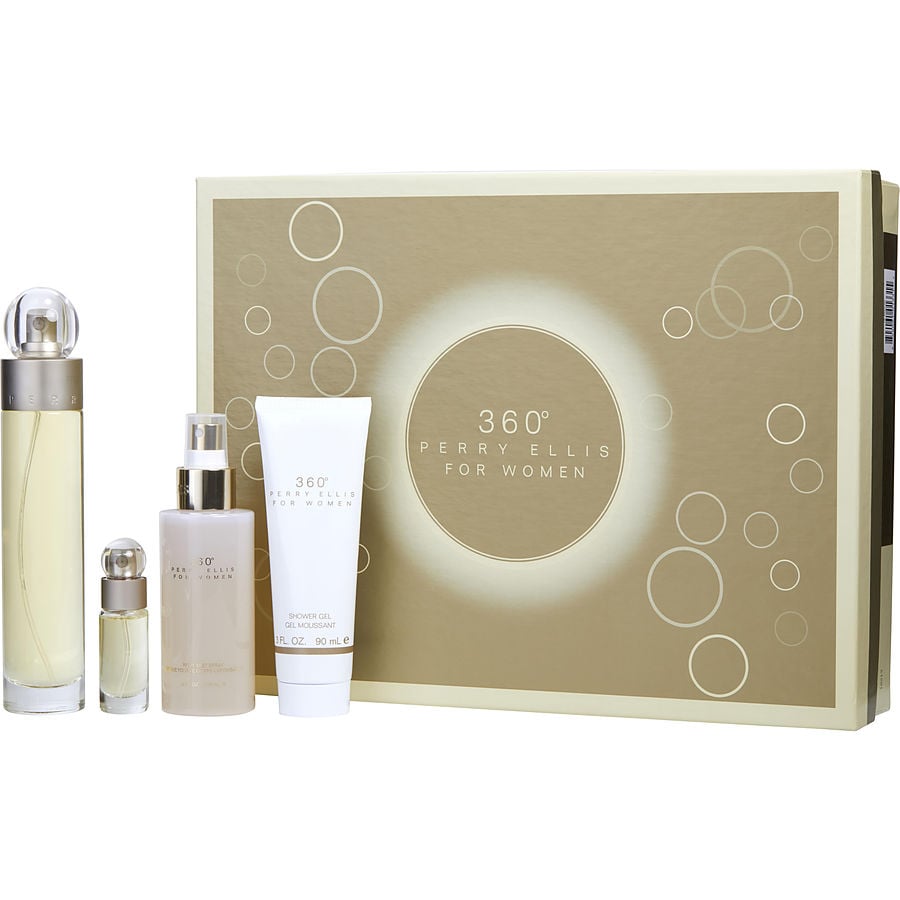 Cx De Presente Feminino Perry Ellis 360 Perry Ellis Eau De Toilette Spray 100 Ml + Body Mist 120 Ml + Gel De Banho 90 Ml + Eau De Toilette Spray 07 Ml