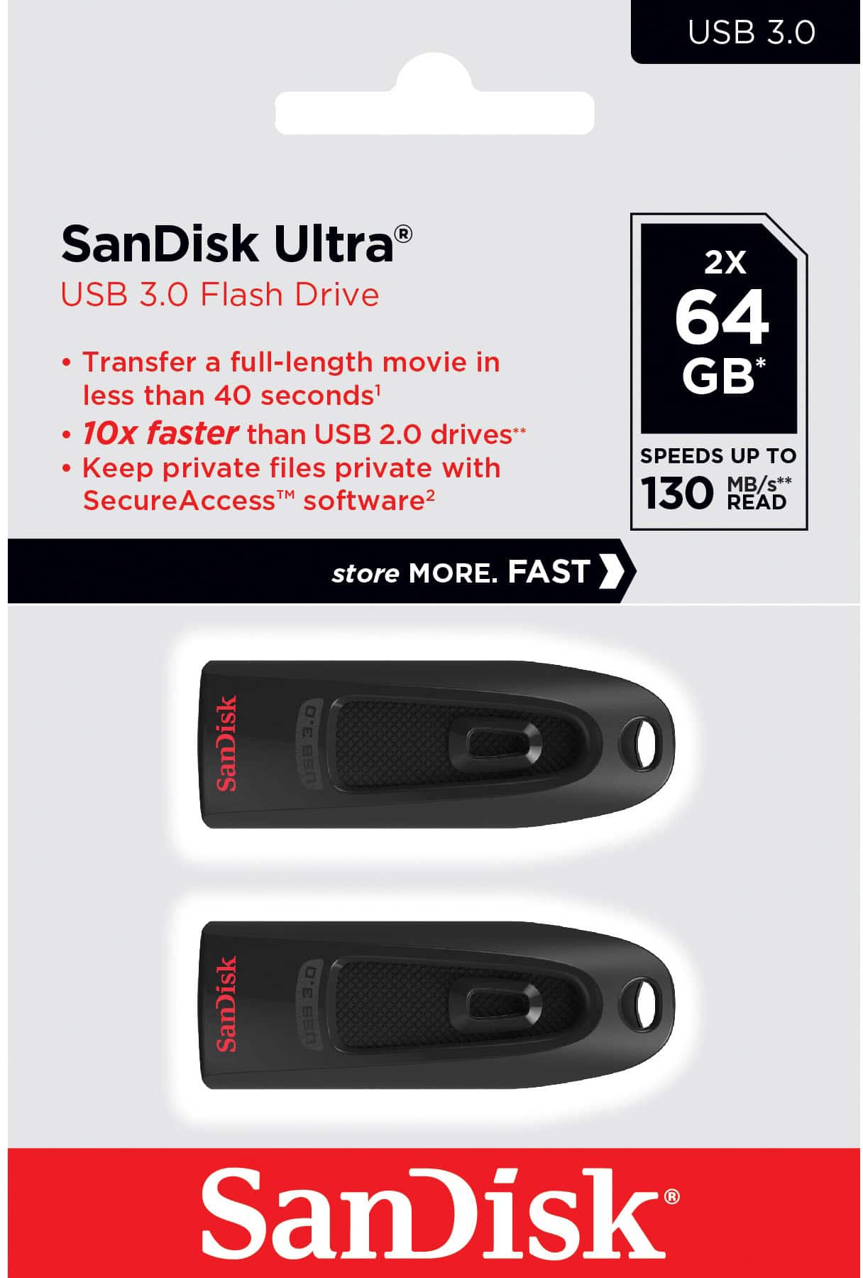 SanDisk - Ultra 64GB USB 3.0 Type-A pen drive com criptografia de hardware (2-Pack)-SDCZ48-064G-GAM462