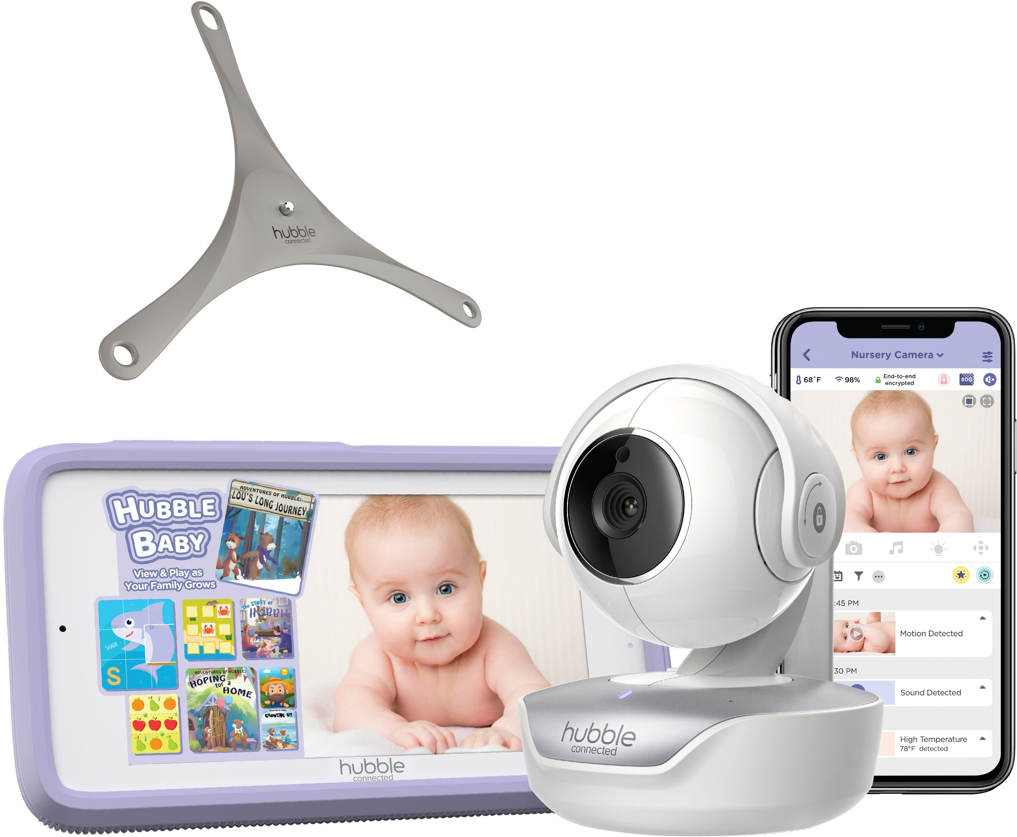 Hubble Connected - Nursery Pal Premium com Hubble Grip 5" HD Smart Baby Monitor com panorâmica, inclinação, zoom e tela sensível ao toque - Branco-HCT