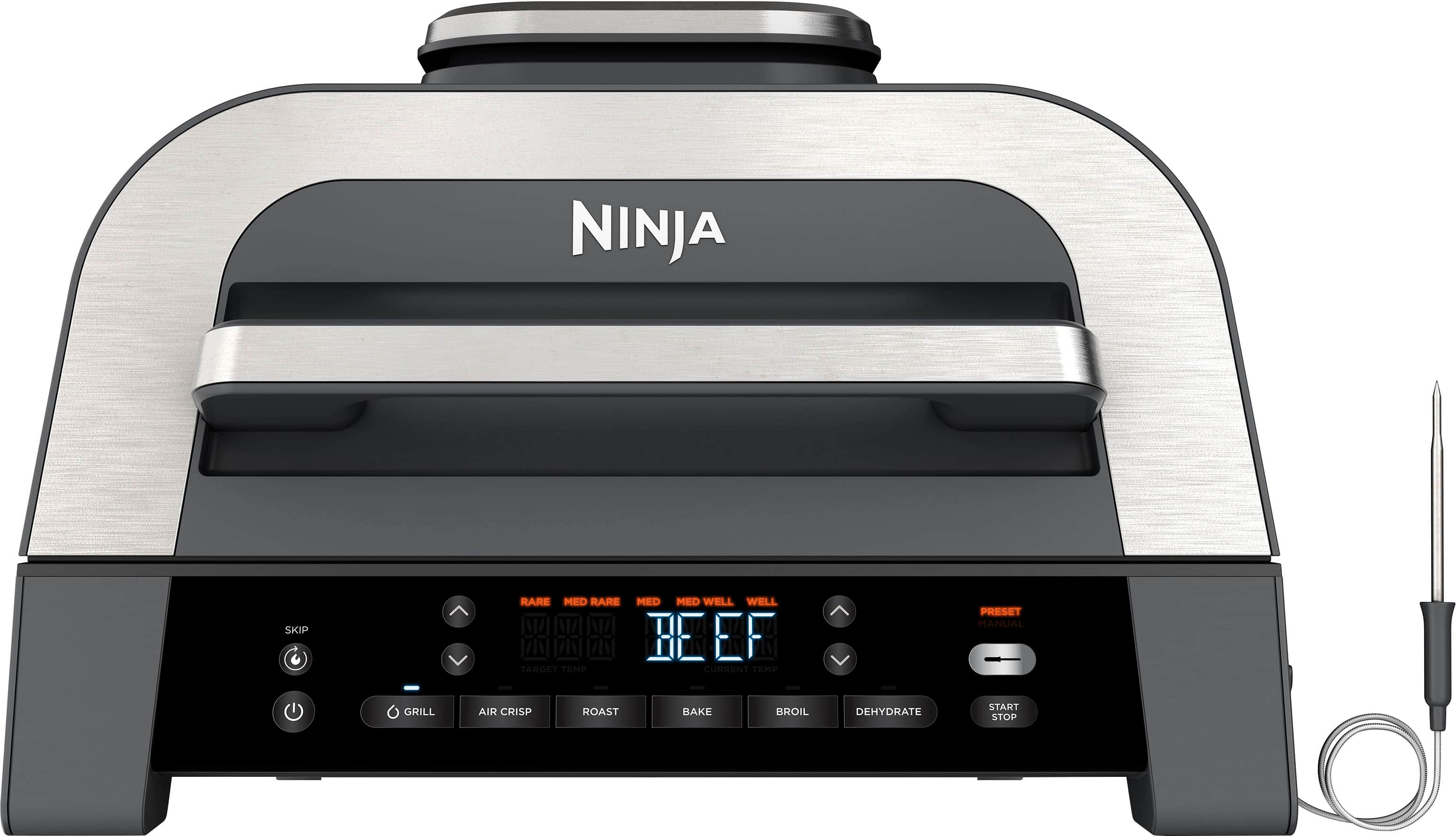 Ninja - Foodi Smart XL 6 em 1 churrasqueira interna de bancada com sistema Smart Cook, fritadeira de ar de 4 litros - cinza escuro/inox-DG551