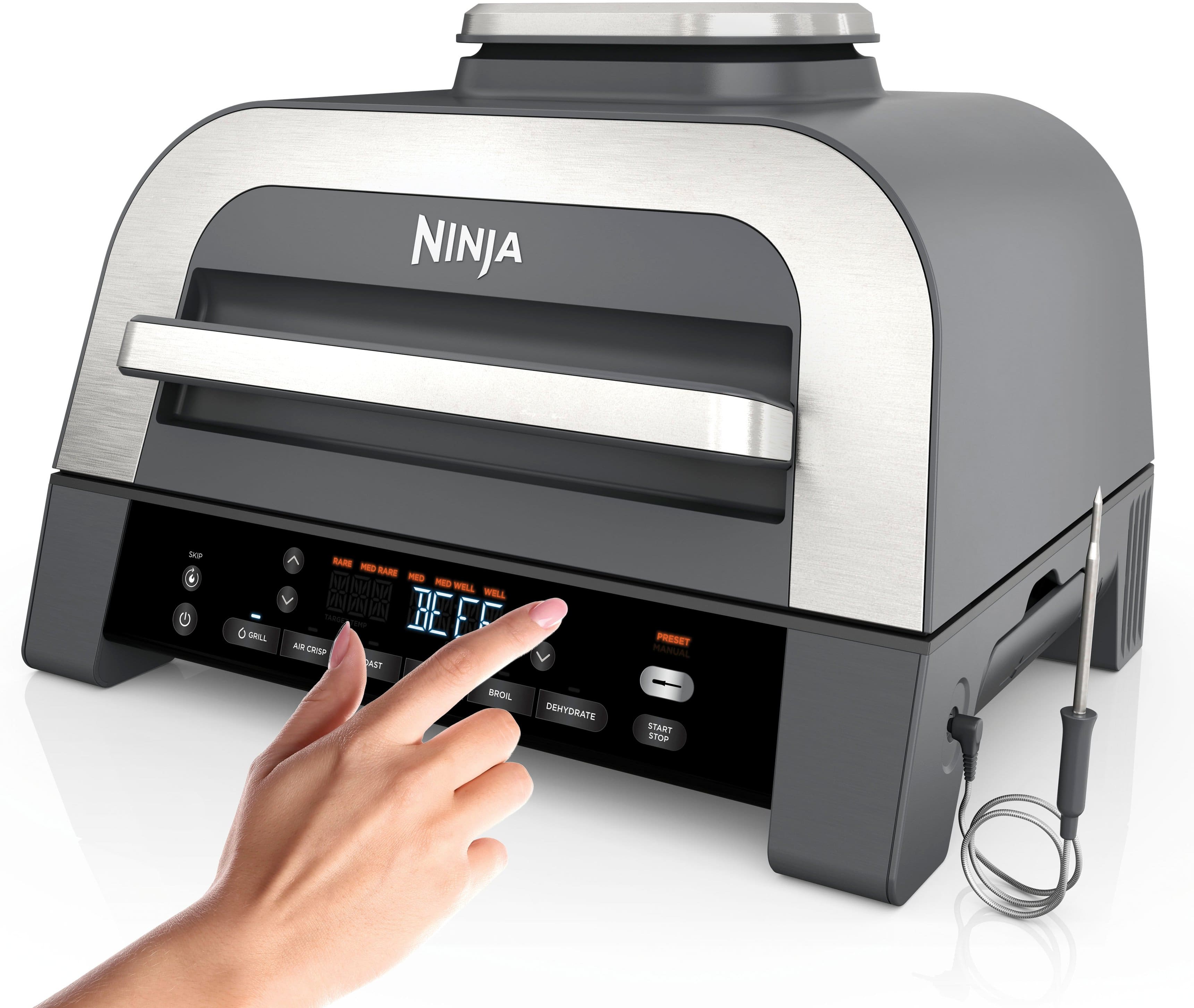 Ninja - Foodi Smart XL 6 em 1 churrasqueira interna de bancada com sistema Smart Cook, fritadeira de ar de 4 litros - cinza escuro/inox-DG551