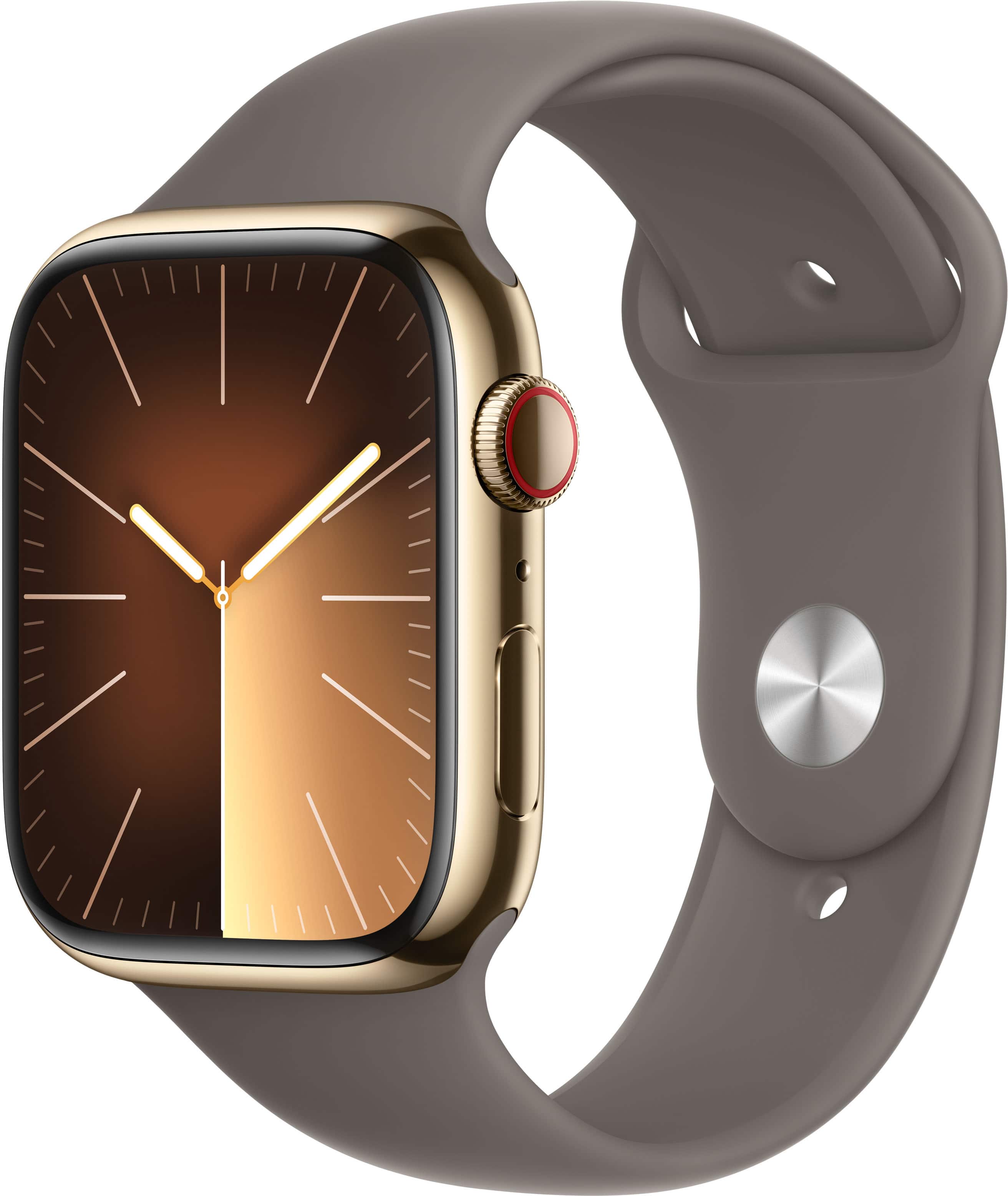 Apple Watch Series 9 (GPS + Celular) Caixa de aço inoxidável dourado de 45 mm com pulseira esportiva de argila com oxigênio no sangue - M/L - Dourado-