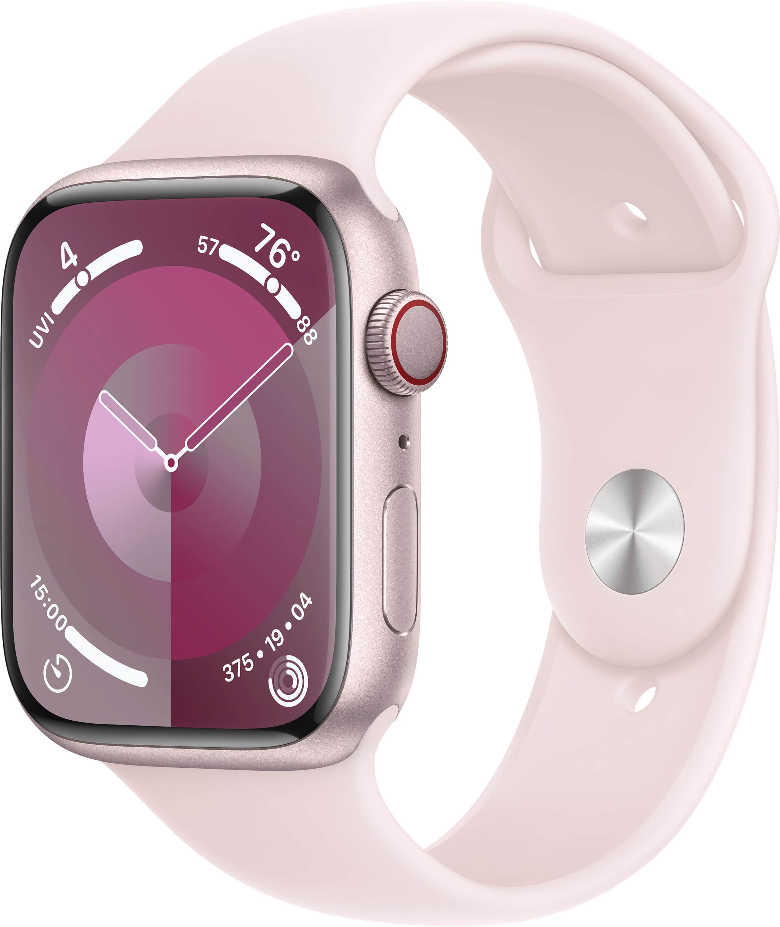 Apple Watch Series 9 GPS + celular 45 mm caixa de alumínio com pulseira esportiva rosa claro (pequeno/médio) - rosa-MRMK3LW/A