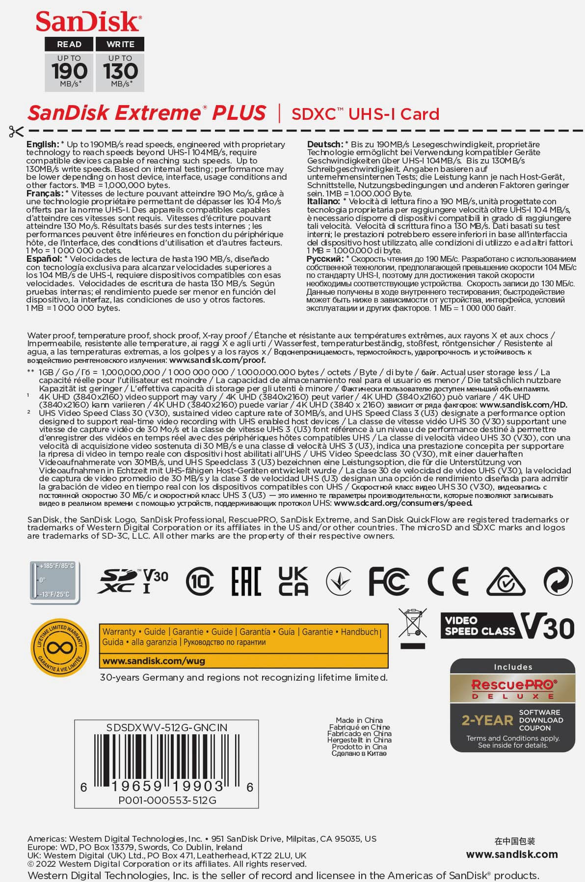 SanDisk - Cartão de memória Extreme PLUS 512GB SDHC/SDXC UHS-I-SDSDXWV-512G-ANCIN