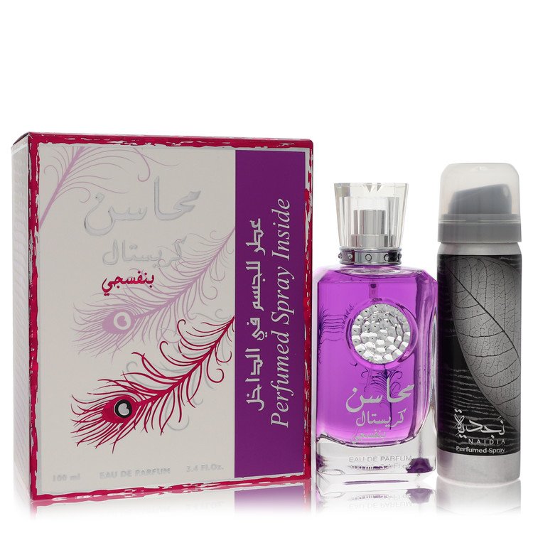 Kit Presente Feminino Lattafa Mahasin Crystal Violet EDP With 50 Ml Desodorante Em 100
