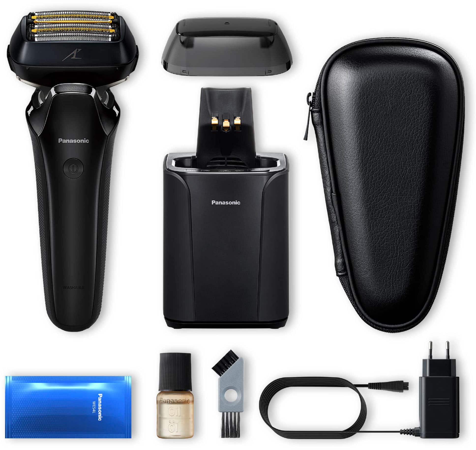 Panasonic - Barbeador elétrico Arc6 de seis lâminas úmidas/secas com limpeza automática e estação de carregamento - Preto-ES-LS9A-K