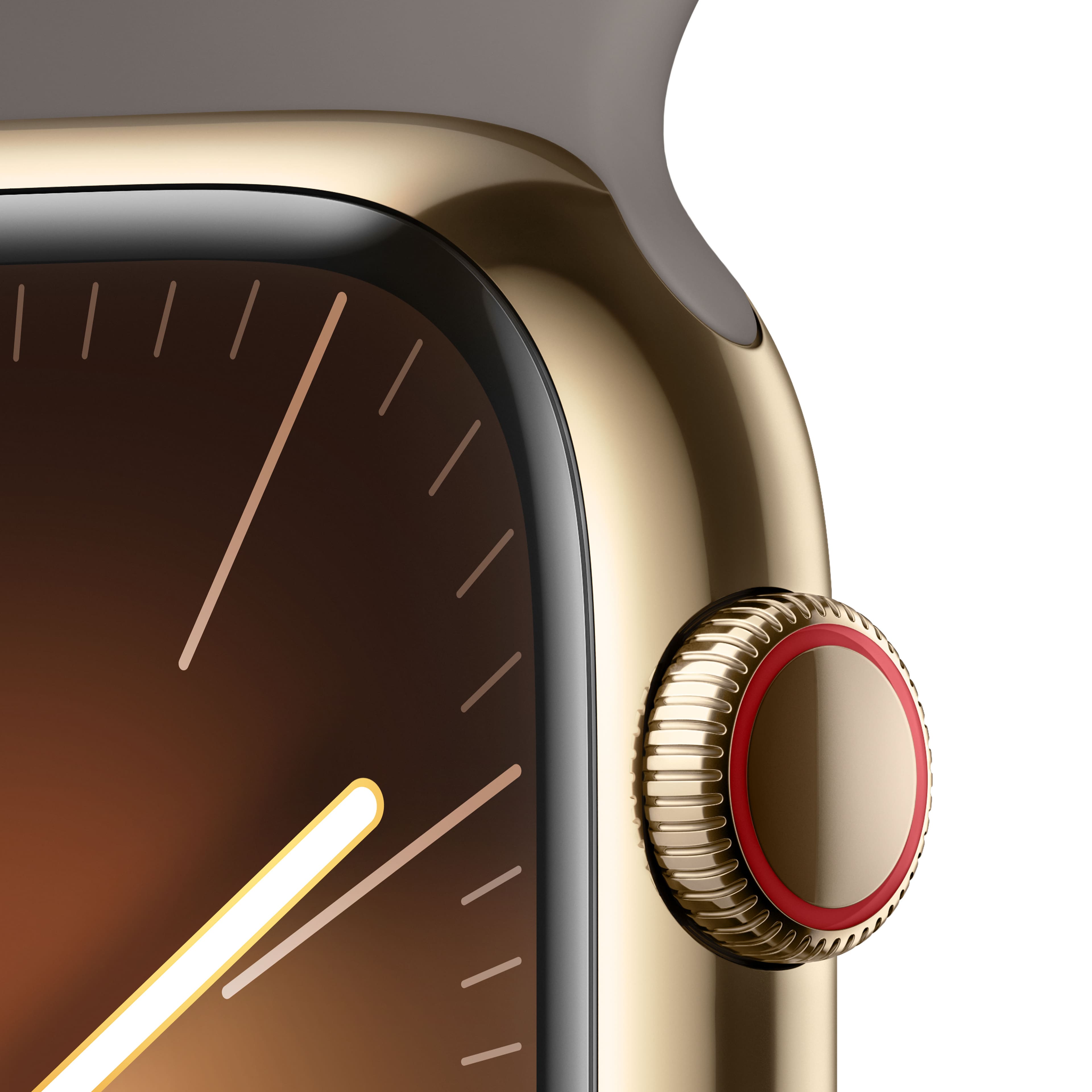 Apple Watch Series 9 (GPS + Celular) Caixa de aço inoxidável dourado de 45 mm com pulseira esportiva de argila com oxigênio no sangue - M/L - Dourado-