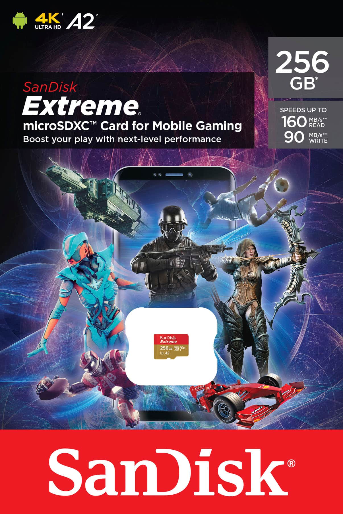 SanDisk - Cartão de memória microSDXC UHS-I Extreme 256GB para jogos-SDSQXAV-256G-GN6GN