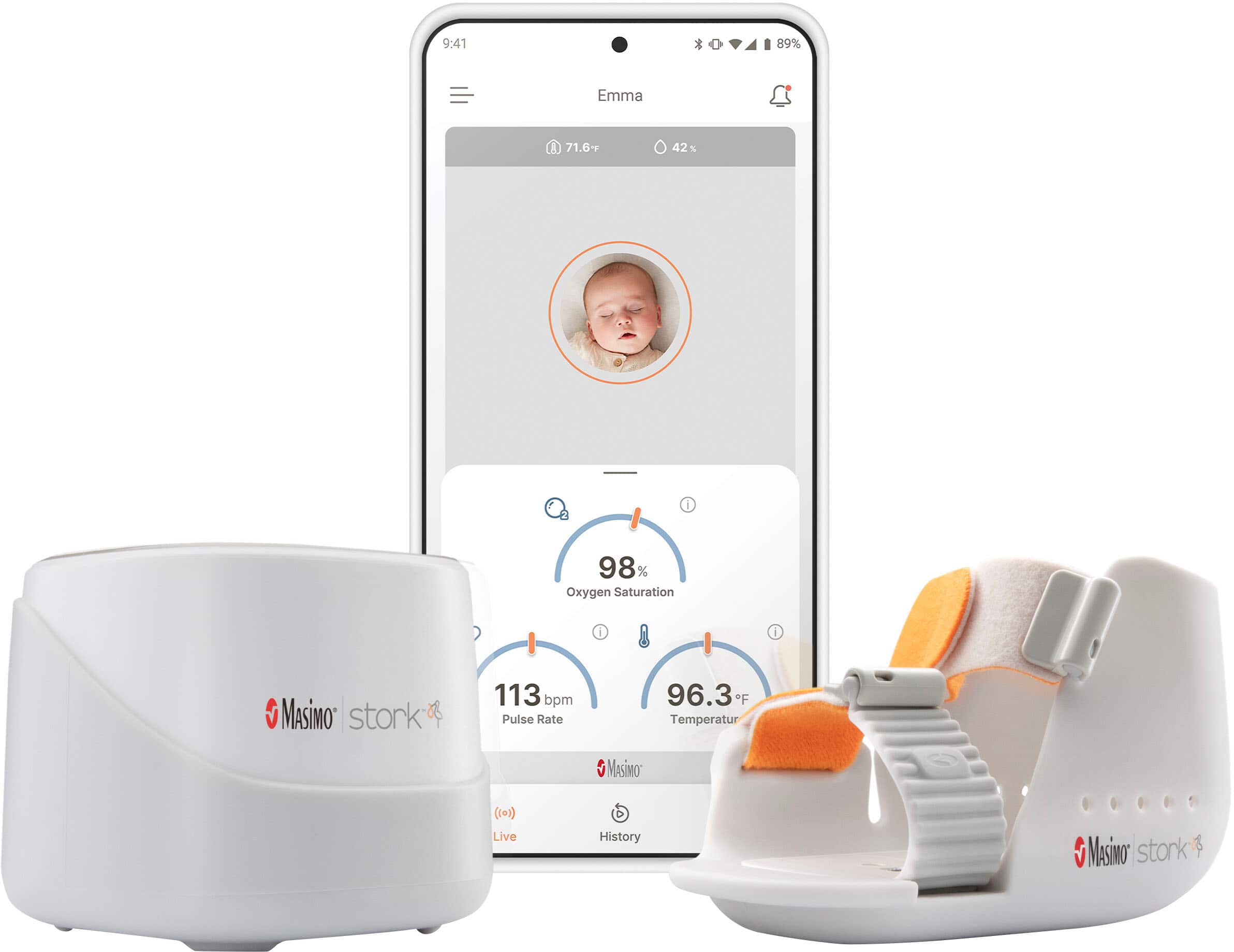 Masimo - Sistema de monitoramento de bebês Stork Vitals com hub inteligente com sensor de frequência de pulso - Branco-STORKVITALS