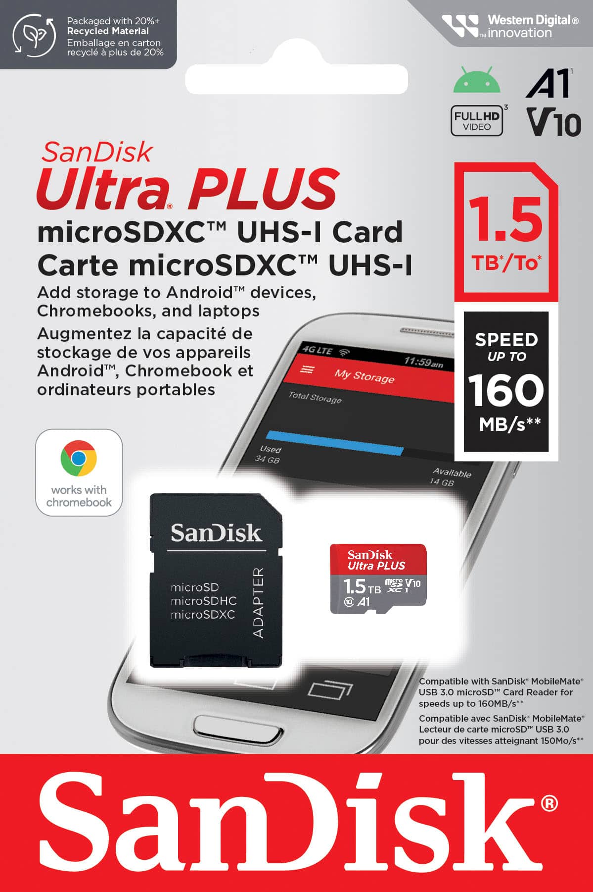 SanDisk - Cartão de memória microSDXC UHS-I Ultra PLUS 1,5 TB-SDSQUBL-1T50-AN6MA