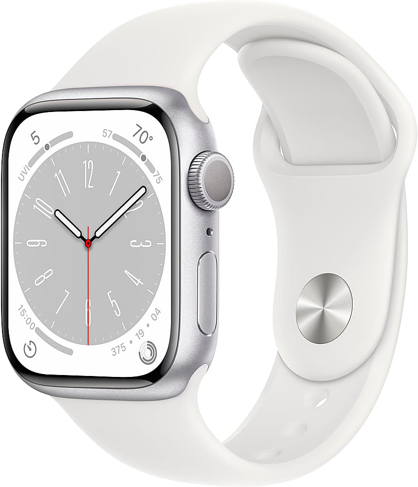 Relógio recondicionado certificado Apple Geek Squad série 8 (GPS) caixa de alumínio de 41 mm com pulseira esportiva branca - M/L - prata-TI-GSRF MP6M3
