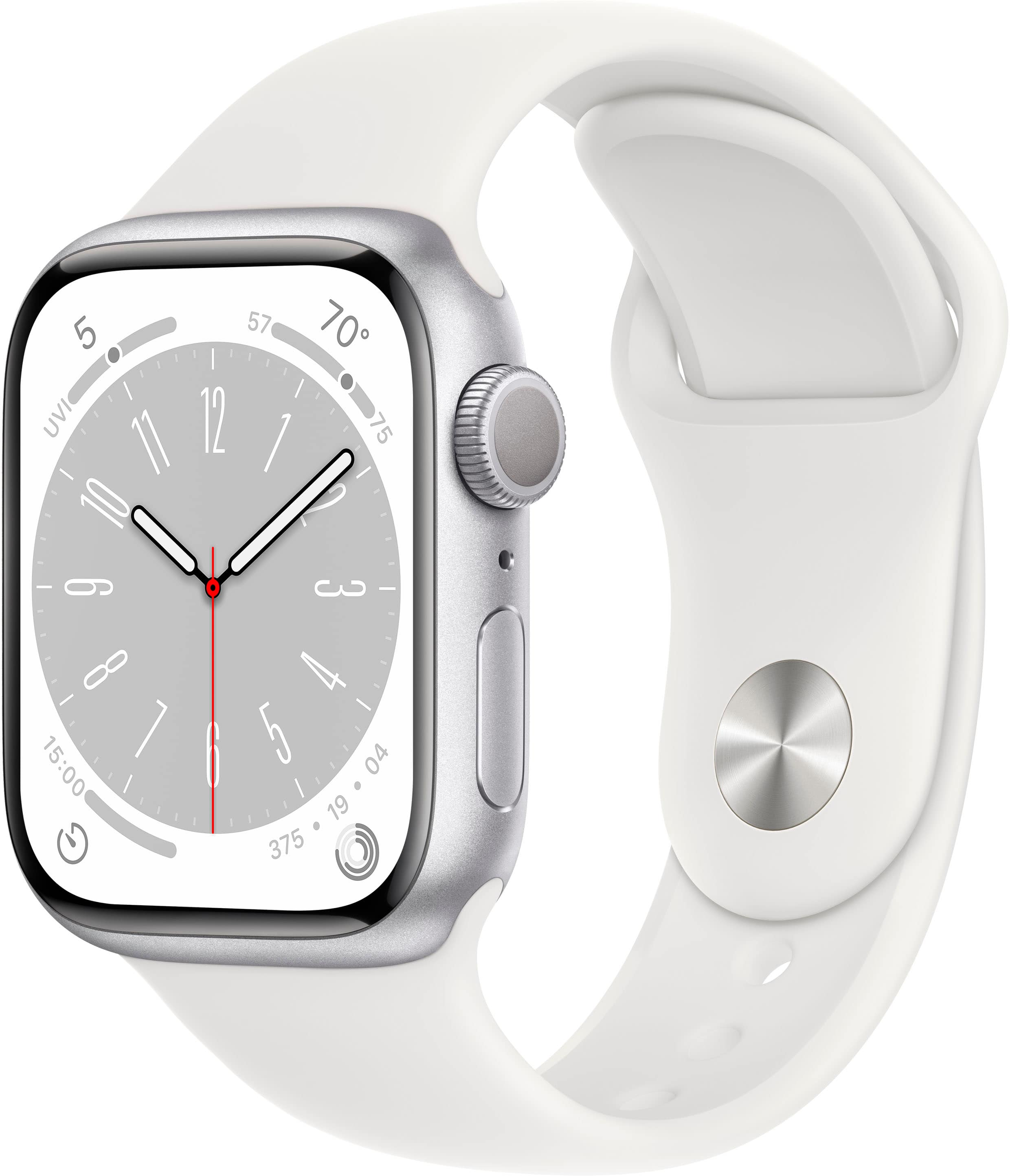 Relógio recondicionado certificado Apple Geek Squad série 8 (GPS) caixa de alumínio de 41 mm com pulseira esportiva branca - S/M - prata-TI-GSRF MP6L3