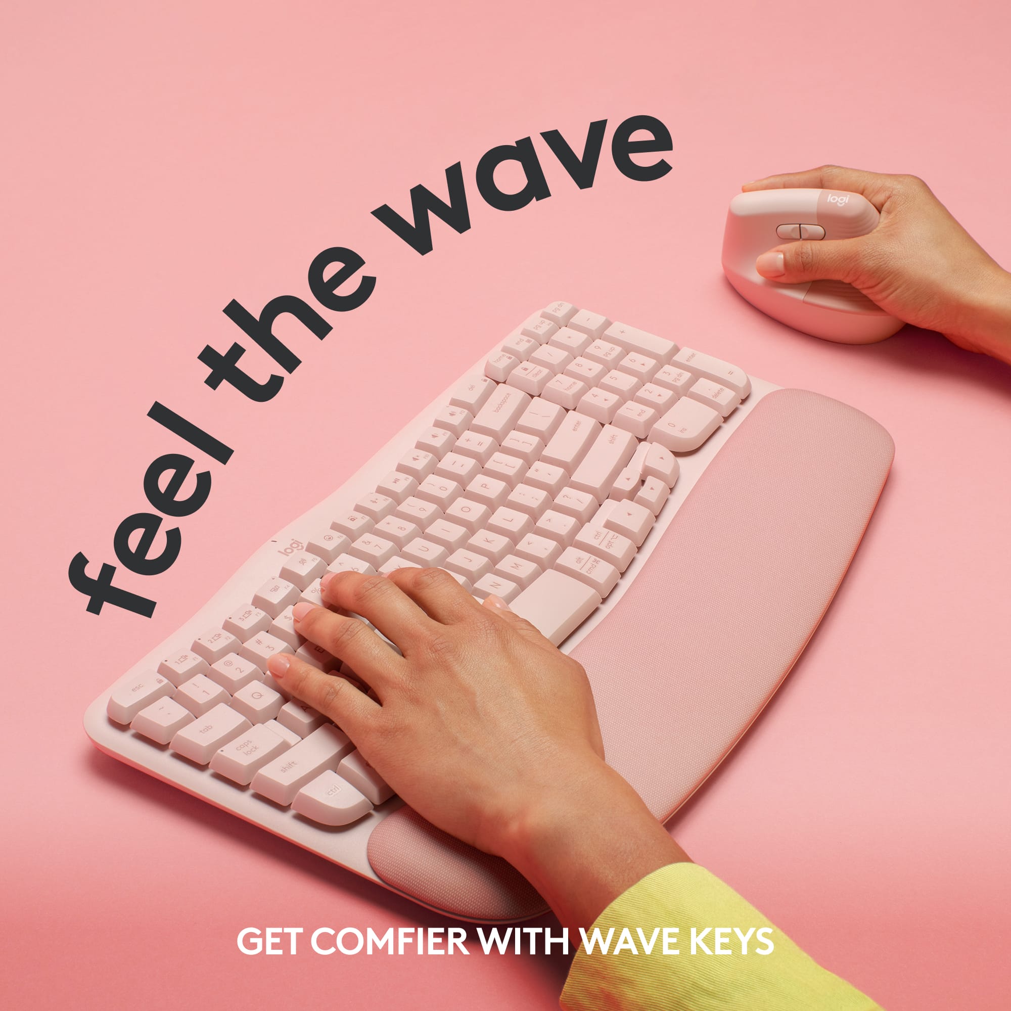 Logitech - Teclado ergonômico sem fio Wave Keys para Windows/Mac com apoio para as mãos integrado - Rose-920-012276