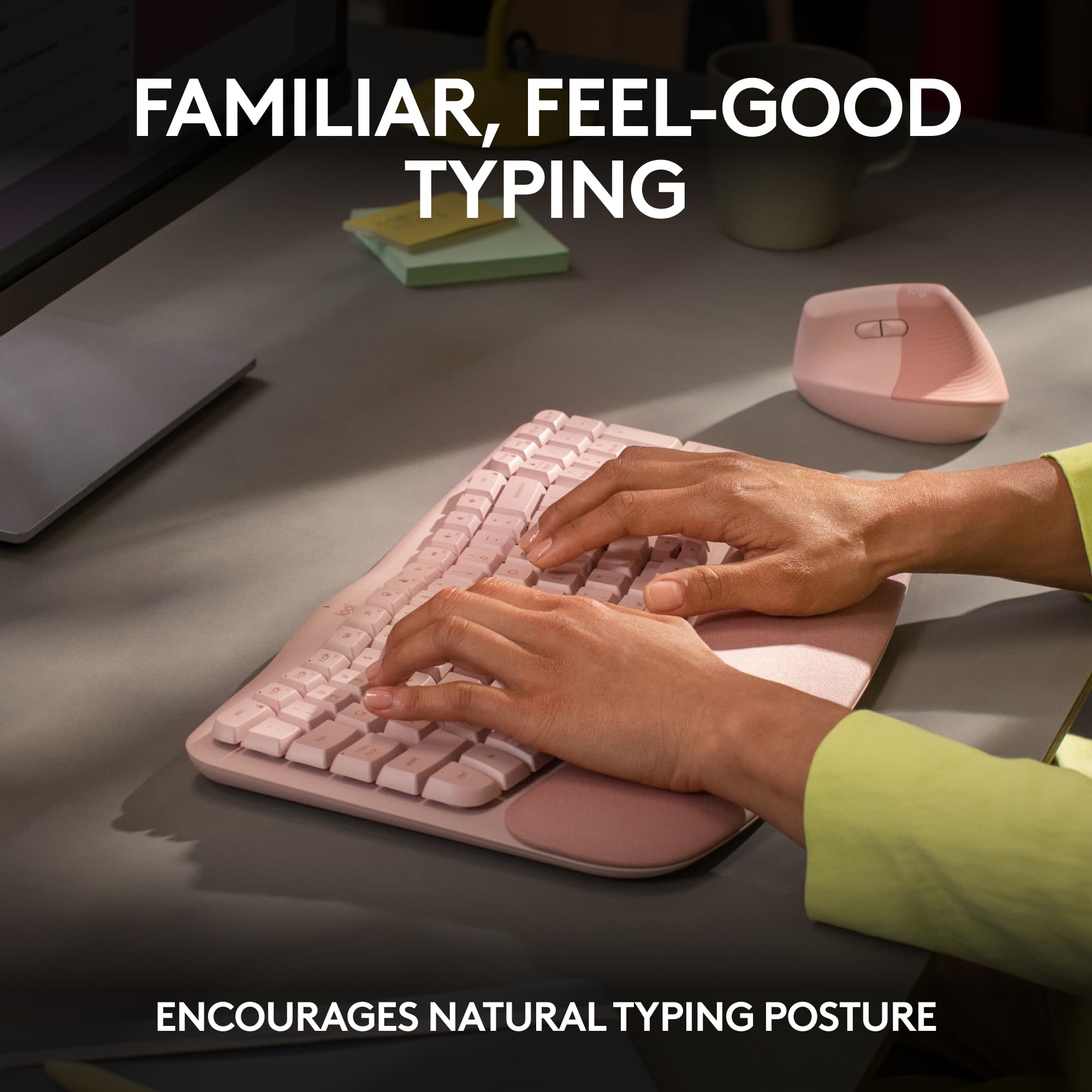Logitech - Teclado ergonômico sem fio Wave Keys para Windows/Mac com apoio para as mãos integrado - Rose-920-012276